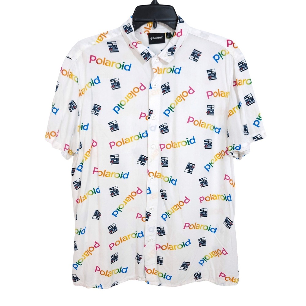 Polaroid Short Sleeve Button Up Shirt Mens Large White Camera Logo Rainbow Print